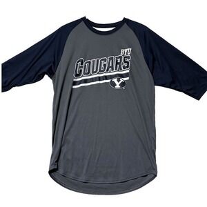 BYU Cougars Raglan T Shirt Mens M Gray Navy‎ Blue NCAA Performance Baseball Tee